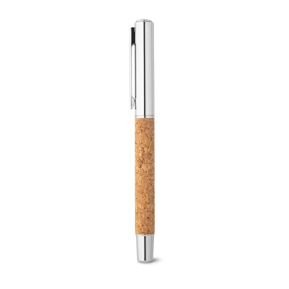 Caneta roller em aço inox 90% reciclado e cortiça com escrita em azul na cor Natural, personalizada com a logo da empresa