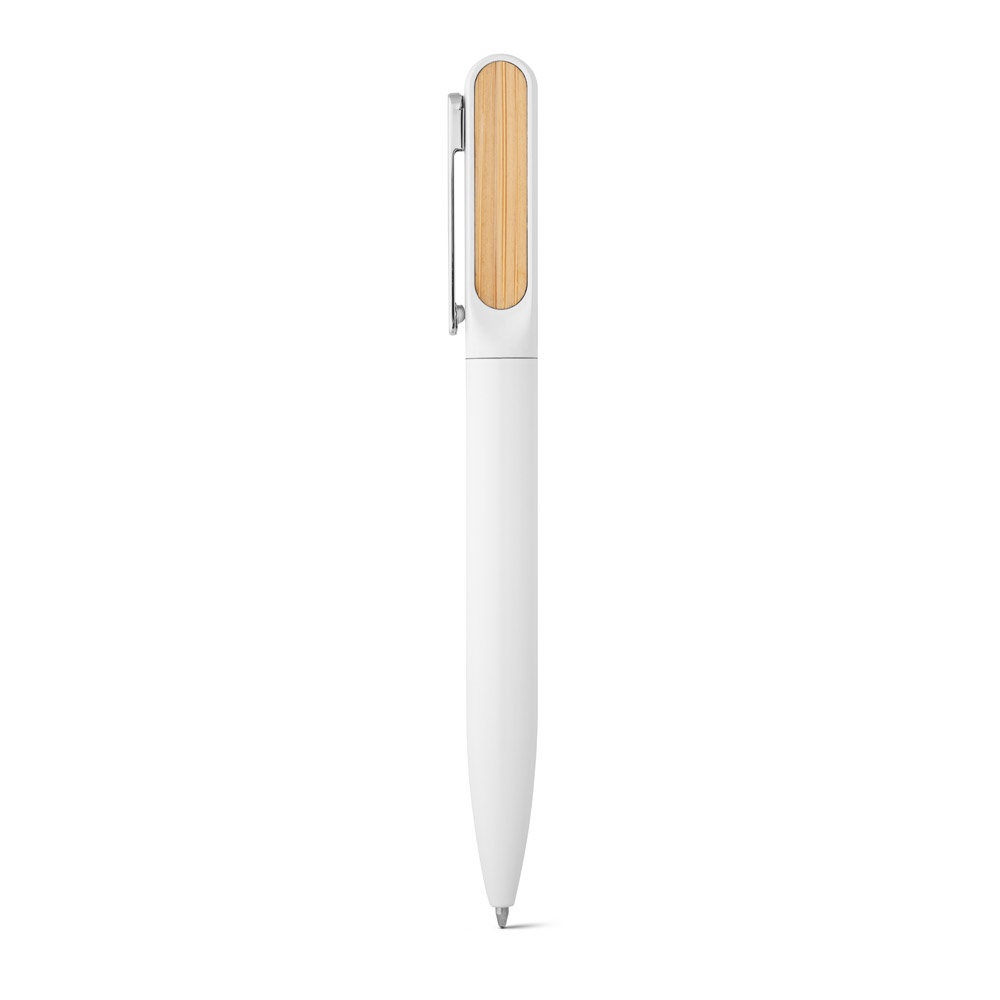 Caneta esferográfica em alumínio 94% reciclado com detalhe em bambu personalizada com a logo da empresa, na cor branco