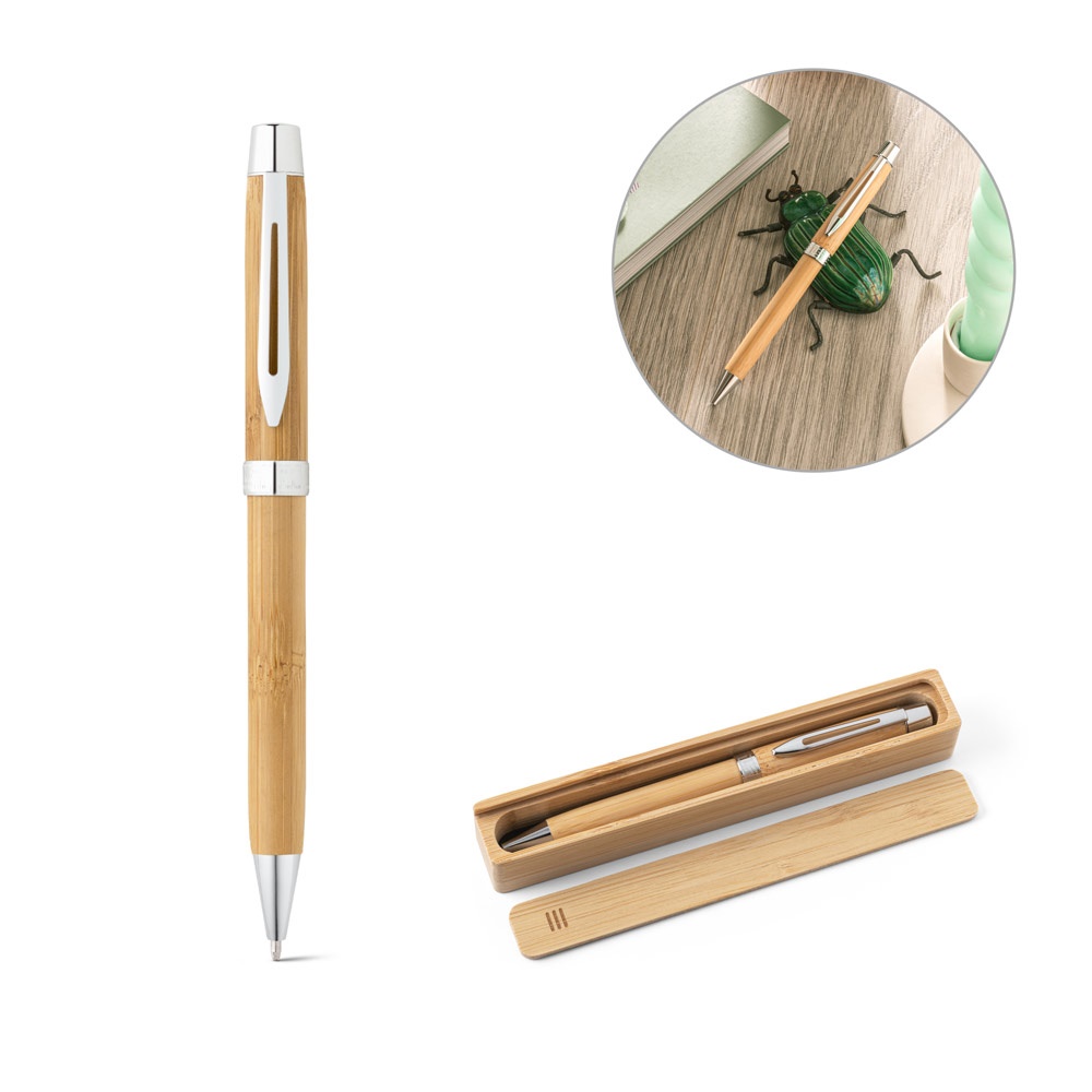 Caneta em bambu twist com clipe de metal e caixa de bambu personalizada com a logo da empresa