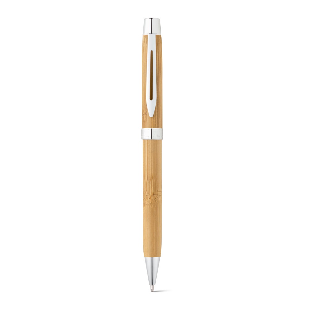 Caneta em bambu twist com clipe de metal e caixa de bambu na cor Natural, personalizada com a logo da empresa