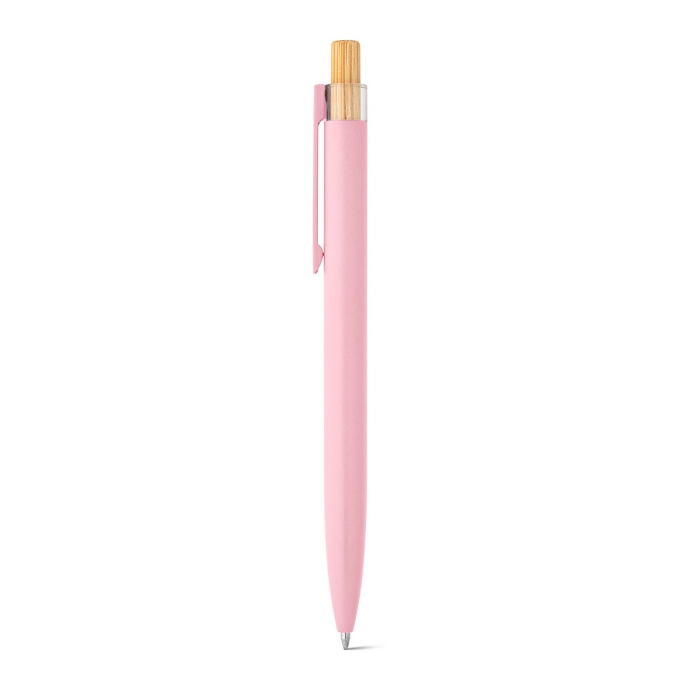 Caneta esferográfica em alumínio reciclado com botão de bambu personalizada com a logo da empresa, na cor rosa