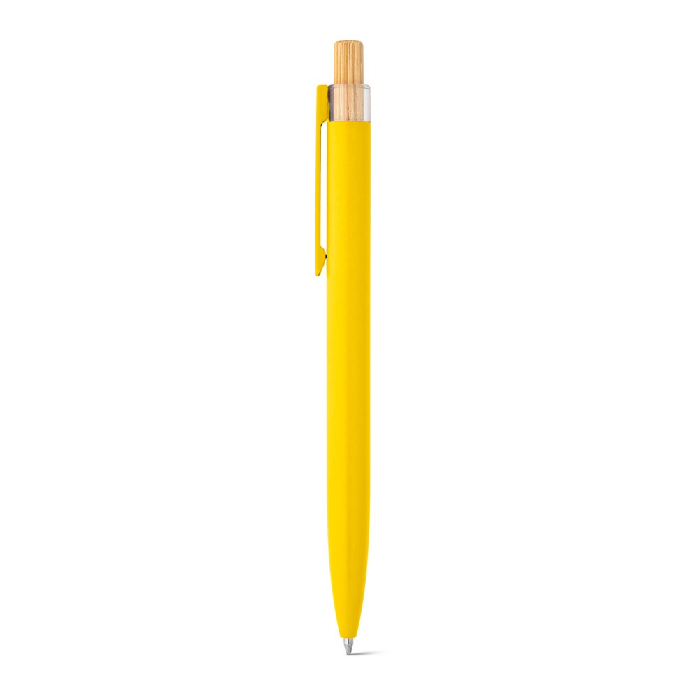 Caneta esferográfica em alumínio reciclado com botão de bambu personalizada com a logo da empresa, na cor amarelo