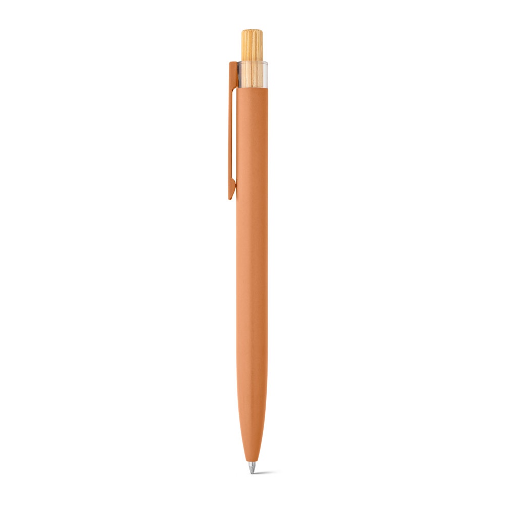 Caneta esferográfica em alumínio reciclado com botão de bambu personalizada com a logo da empresa, na cor camel