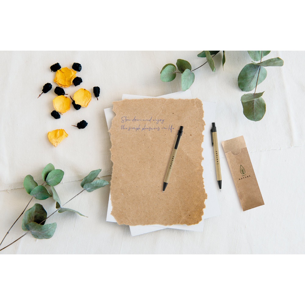Conjunto de caneta esferográfica com escrita em azul e lapiseira em papel kraft, foto 2