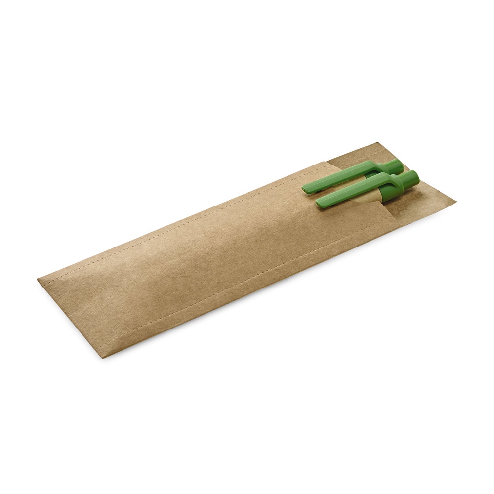Conjunto de caneta esferográfica com escrita em azul e lapiseira em papel kraft, foto 5