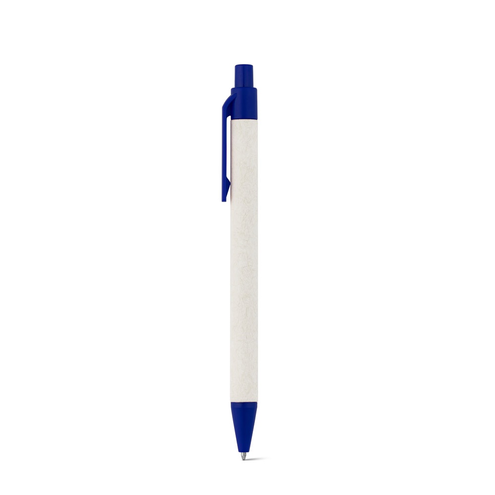 Caneta esferográfica feita de embalagens de leite recicladas personalizada com a logo da empresa, na cor azul