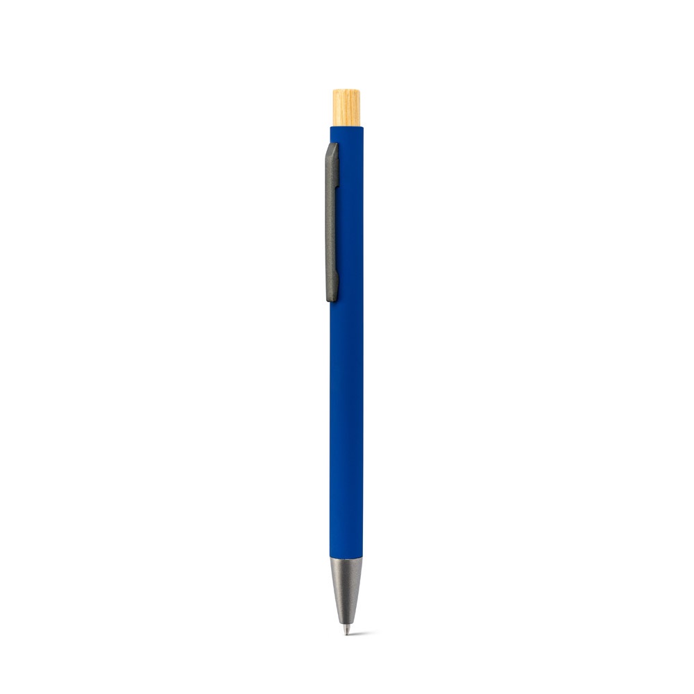 Caneta em alumínio reciclado emborrachada com botão de bambu personalizada com a logo da empresa, na cor azul