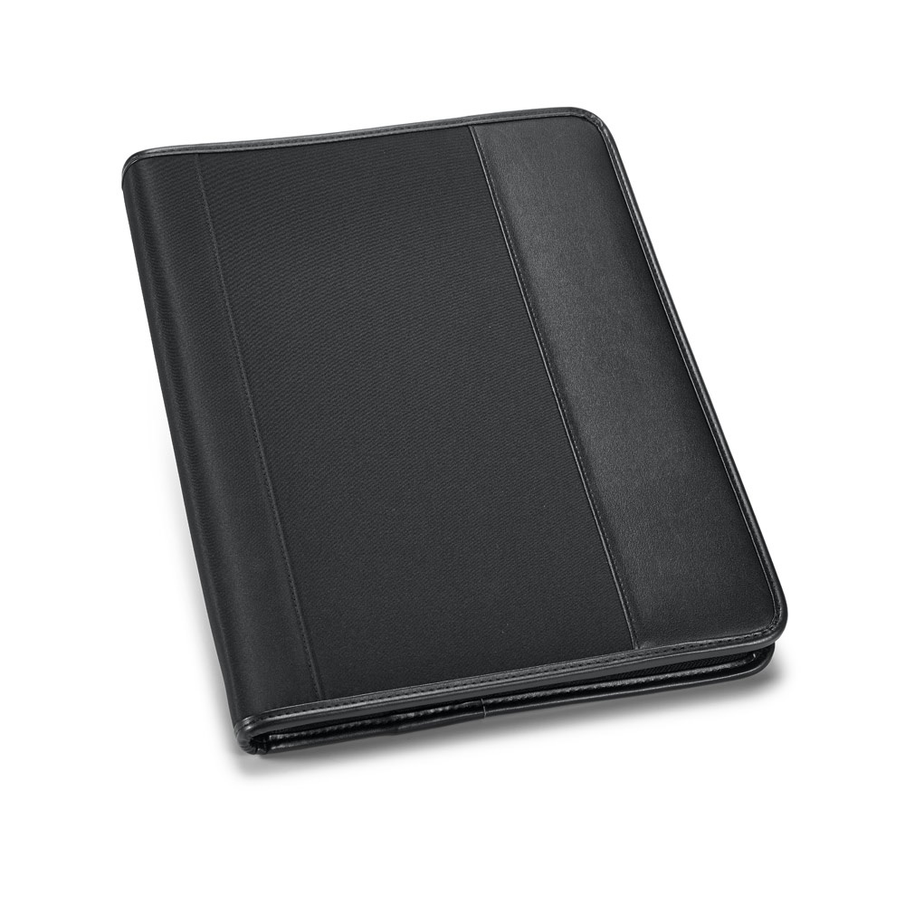 Pasta A4 em couro sintético e microfibra, com 4 argolas e bloco de páginas pautadas na cor Preto, personalizada com a logo da empresa