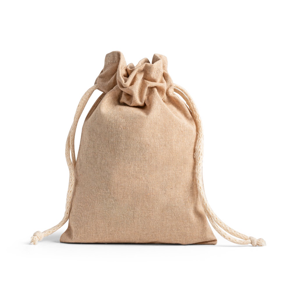 Sacola em algodão reciclado 140 g/m² sem tingimento (14 x 20 cm) personalizada com a logo da empresa, na cor natural