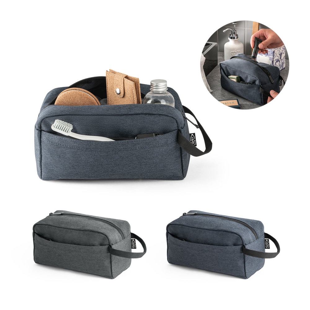 Bolsa de cosméticos em poliéster reciclado 600D com bolso frontal personalizada com a logo da empresa