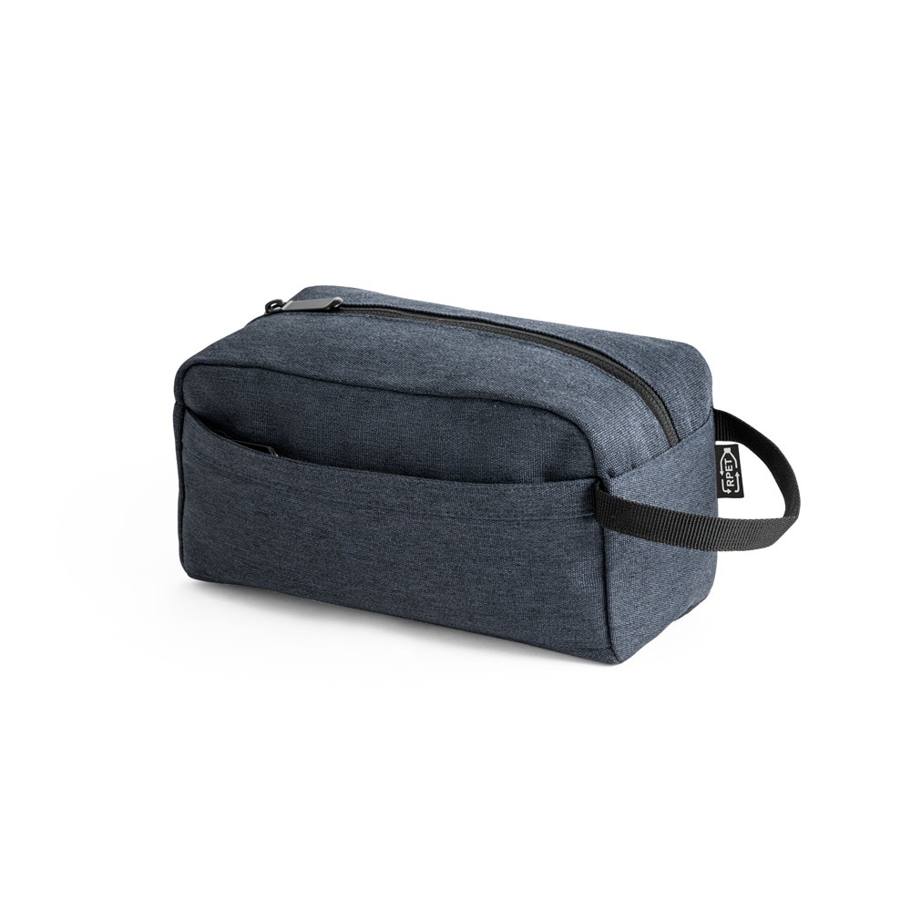 Bolsa de cosméticos em poliéster reciclado 600D com bolso frontal personalizada com a logo da empresa, na cor azul