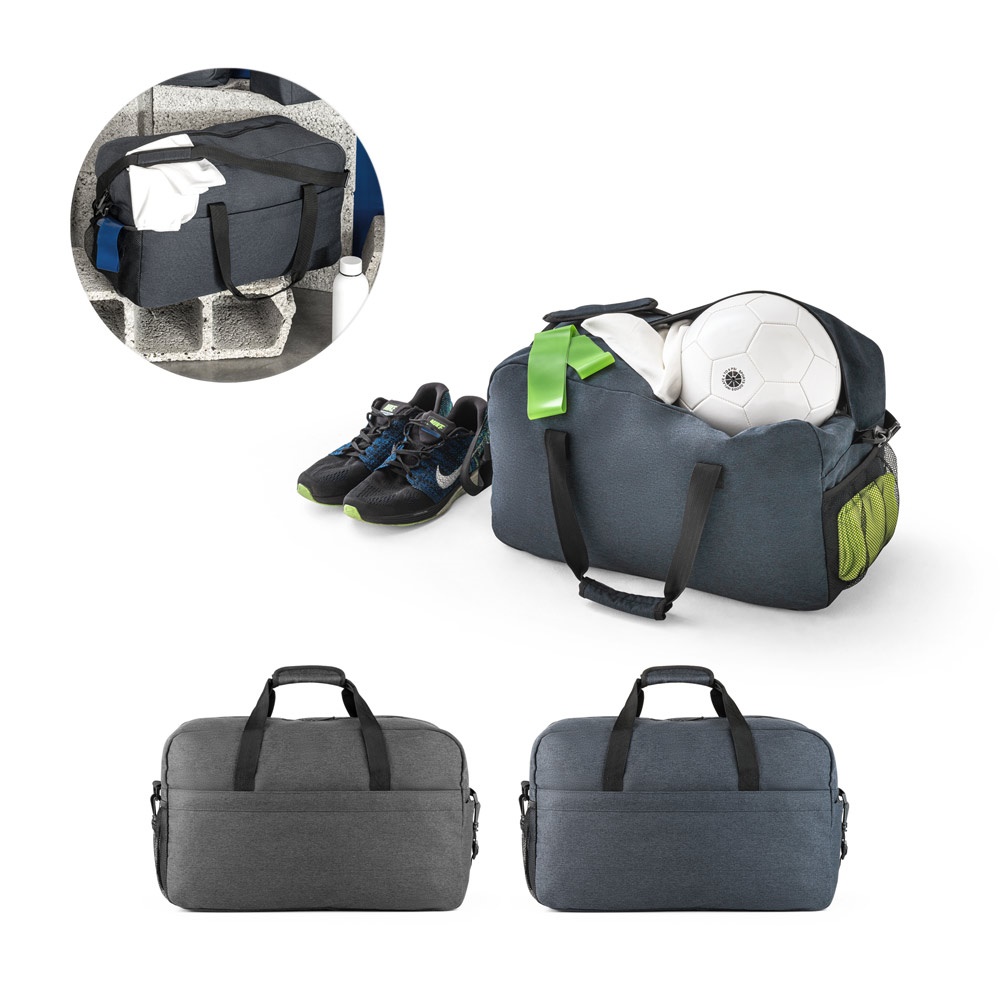 Bolsa esportiva 31 litros em poliéster reciclado com fundo semi-rígido personalizada com a logo da empresa