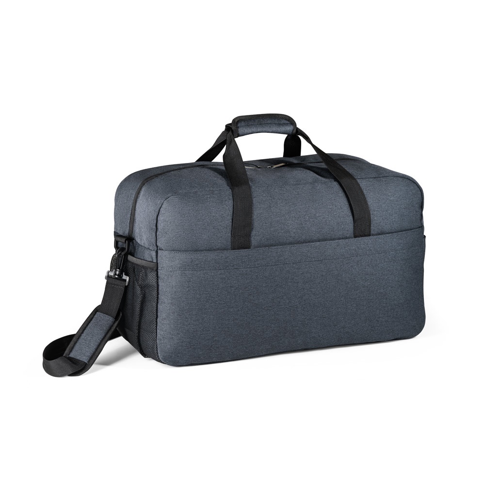 Bolsa esportiva 31 litros em poliéster reciclado com fundo semi-rígido personalizada com a logo da empresa, na cor azul