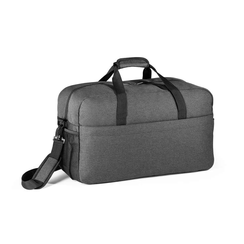 Bolsa esportiva 31 litros em poliéster reciclado com fundo semi-rígido na cor Cinza, personalizada com a logo da empresa