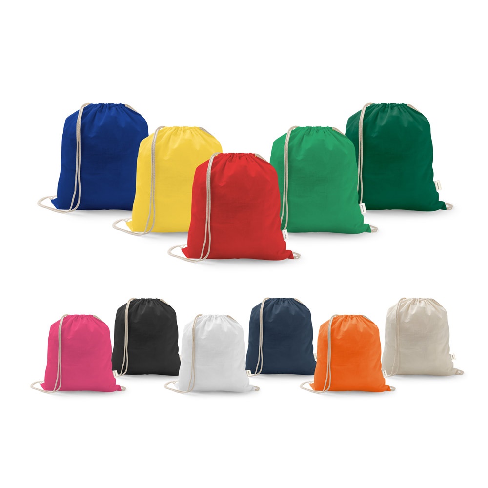 Sacola tipo mochila em algodão reciclado 150 g/m² sem tingimento personalizada com a logo da empresa