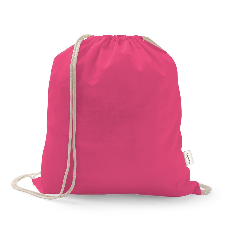 Sacola tipo mochila em algodão reciclado 150 g/m² sem tingimento personalizada com a logo da empresa, na cor rosa