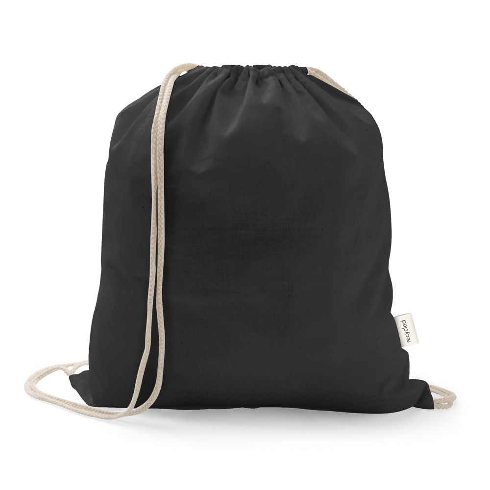 Sacola tipo mochila em algodão reciclado 150 g/m² sem tingimento na cor Preto, personalizada com a logo da empresa