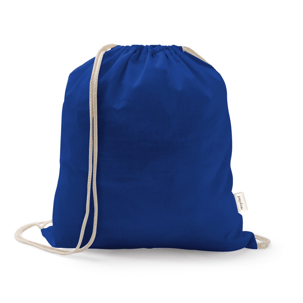 Sacola tipo mochila em algodão reciclado 150 g/m² sem tingimento personalizada com a logo da empresa, na cor azul royal