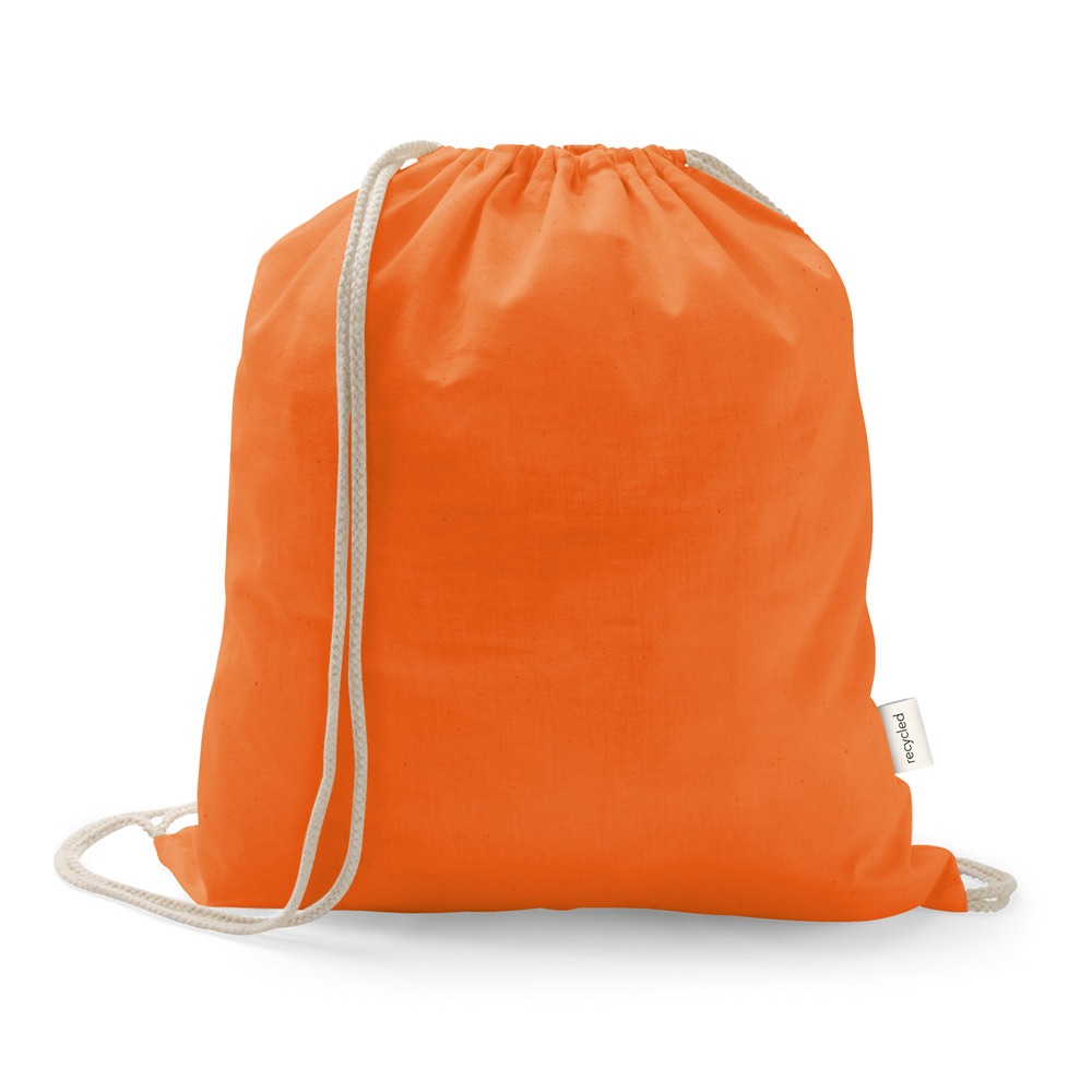 Sacola tipo mochila em algodão reciclado 150 g/m² sem tingimento personalizada com a logo da empresa, na cor laranja