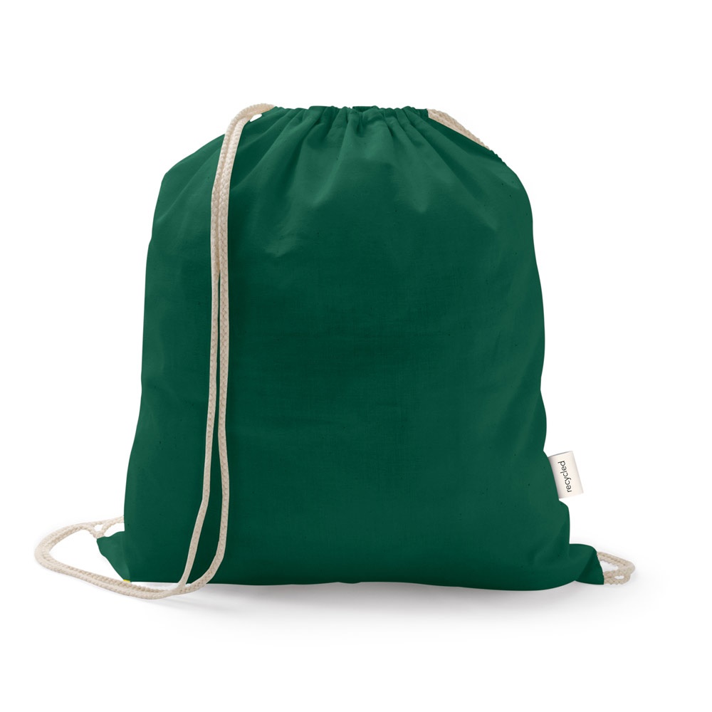 Sacola tipo mochila em algodão reciclado 150 g/m² sem tingimento personalizada com a logo da empresa, na cor verde escuro