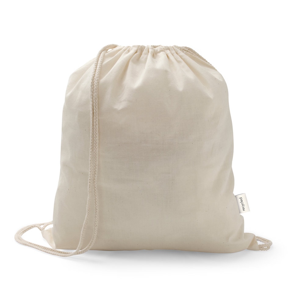 Sacola tipo mochila em algodão reciclado 150 g/m² sem tingimento personalizada com a logo da empresa, na cor natural claro