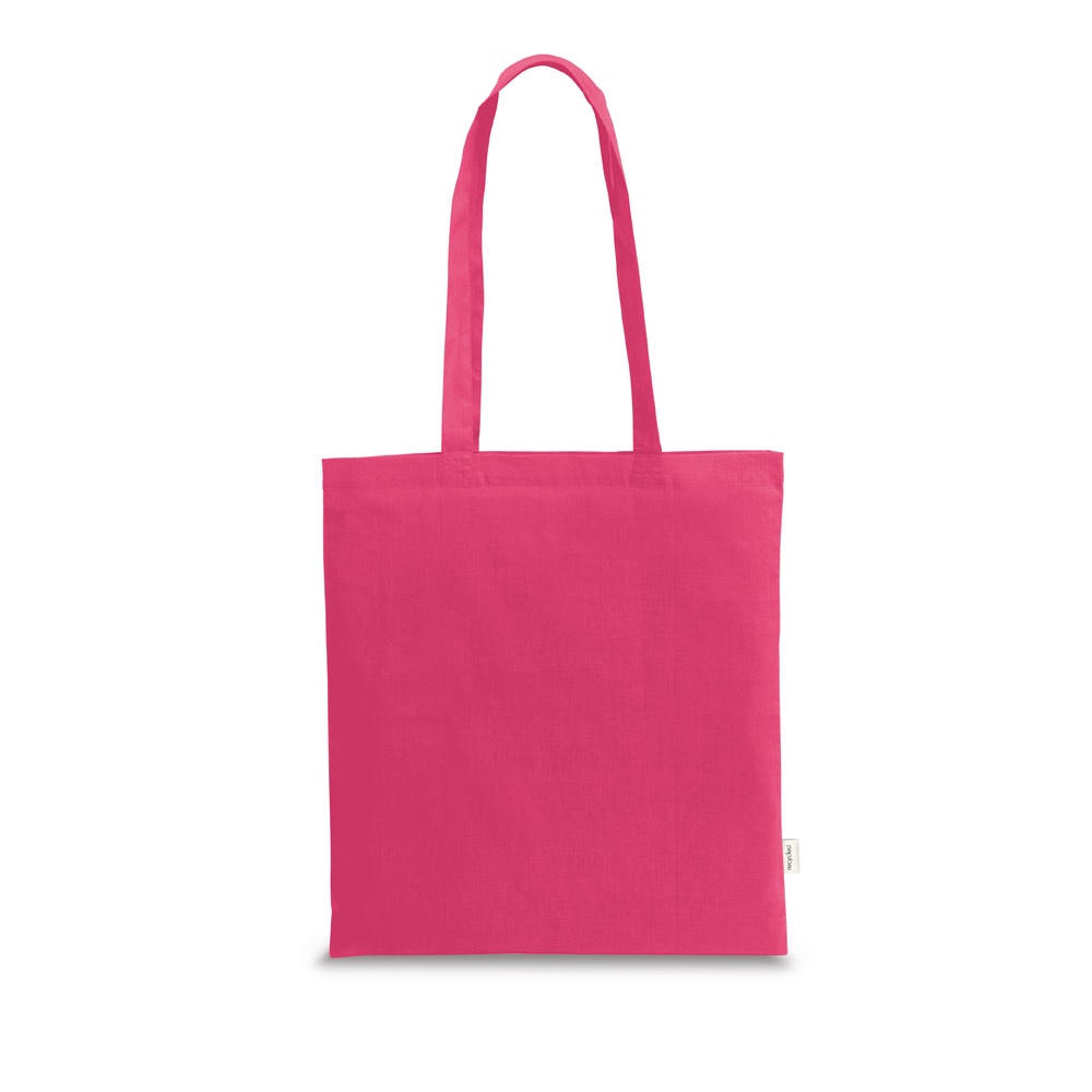 Sacola em algodão reciclado 180 g/m² sem tingimento personalizada com a logo da empresa, na cor rosa