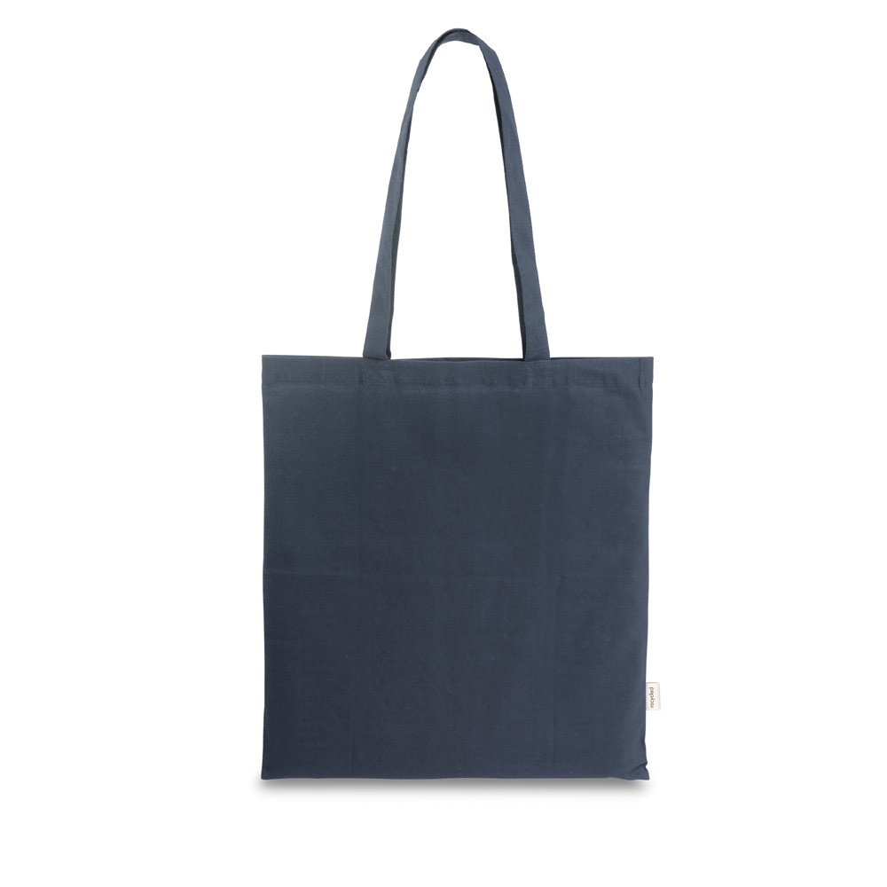 Sacola em algodão reciclado 180 g/m² sem tingimento personalizada com a logo da empresa, na cor azul marinho