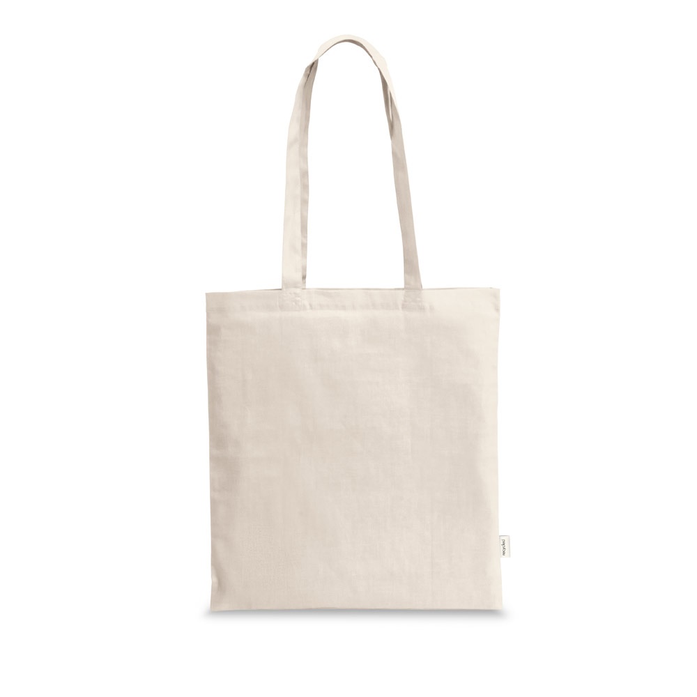 Sacola em algodão reciclado 180 g/m² sem tingimento personalizada com a logo da empresa, na cor natural claro
