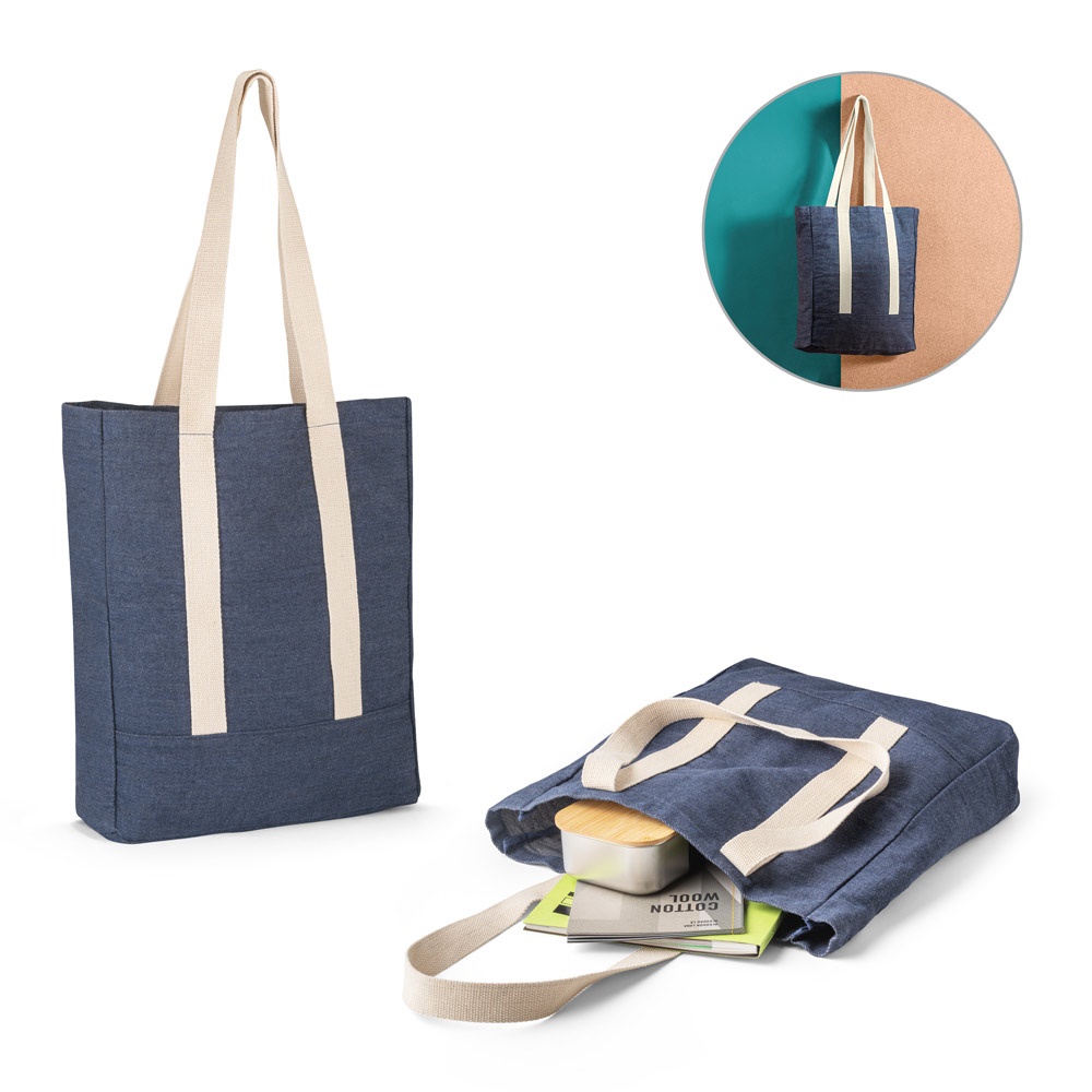 Sacola casual de algodão em denim reciclado (300 g/m²) personalizada com a logo da empresa