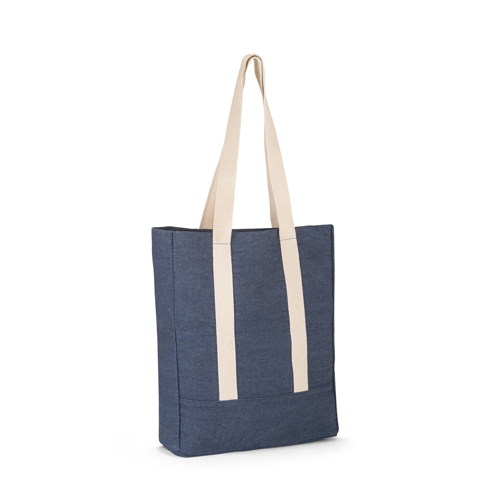 Sacola casual de algodão em denim reciclado (300 g/m²) na cor Azul, personalizada com a logo da empresa