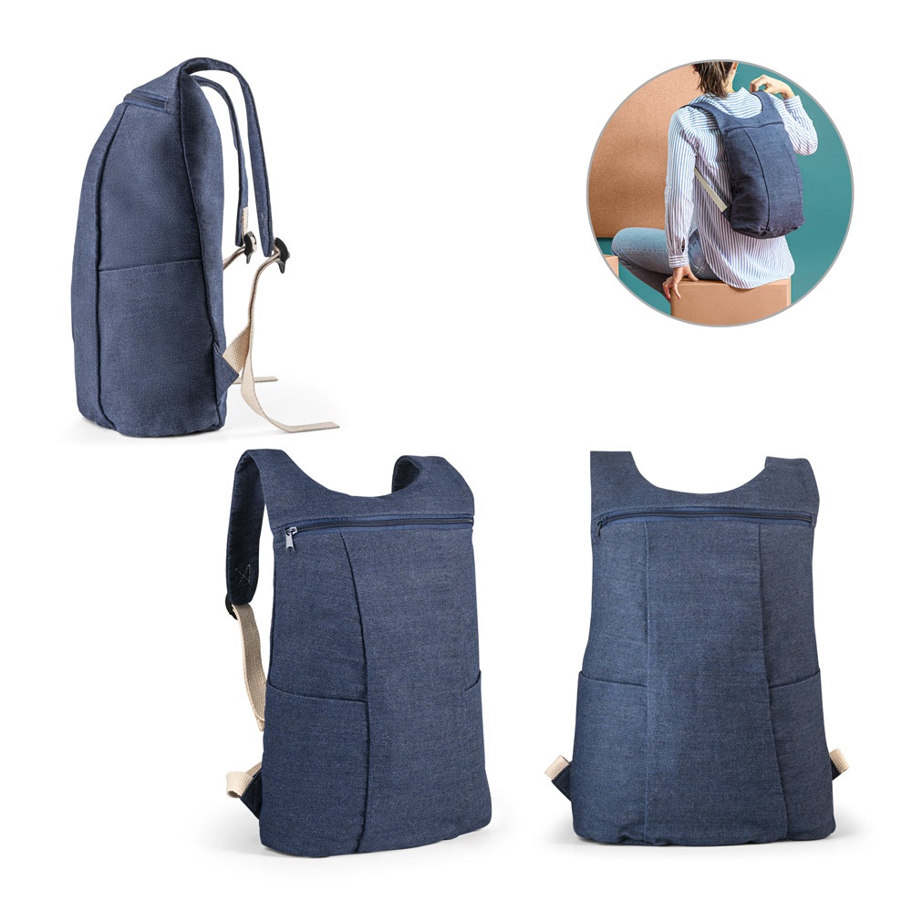 Mochila casual de algodão em denim reciclado 8 litros (300 g/m²) personalizada com a logo da empresa