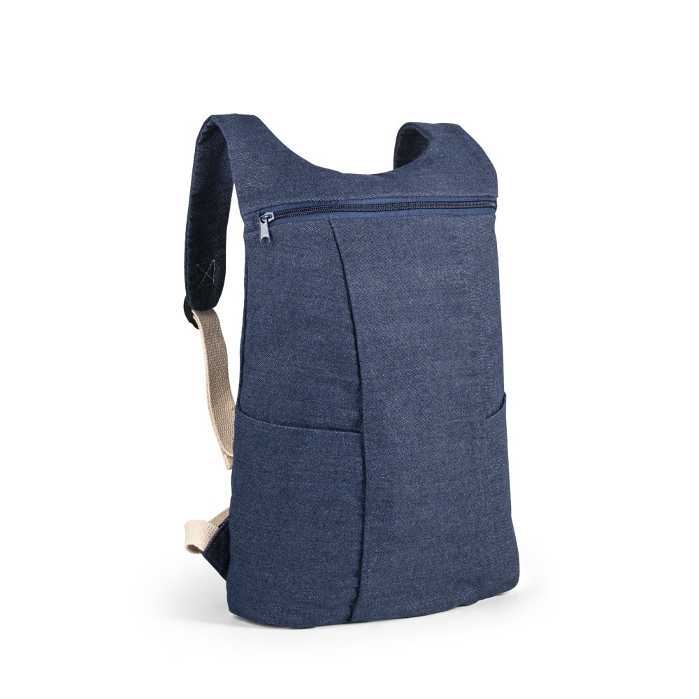 Mochila casual de algodão em denim reciclado 8 litros (300 g/m²) na cor Azul, personalizada com a logo da empresa