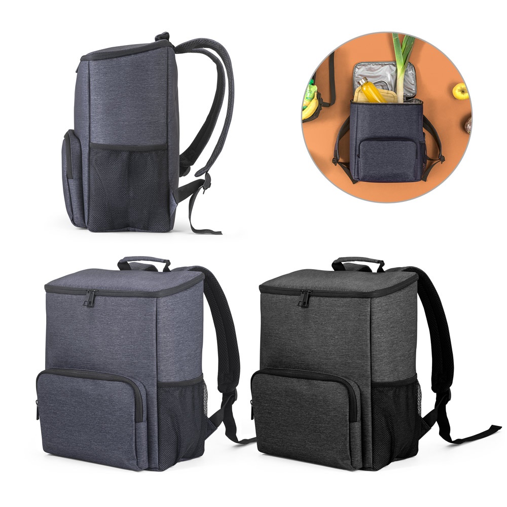 Mochila térmica 14 litros em nylon com interior forrado em PEVA personalizada com a logo da empresa