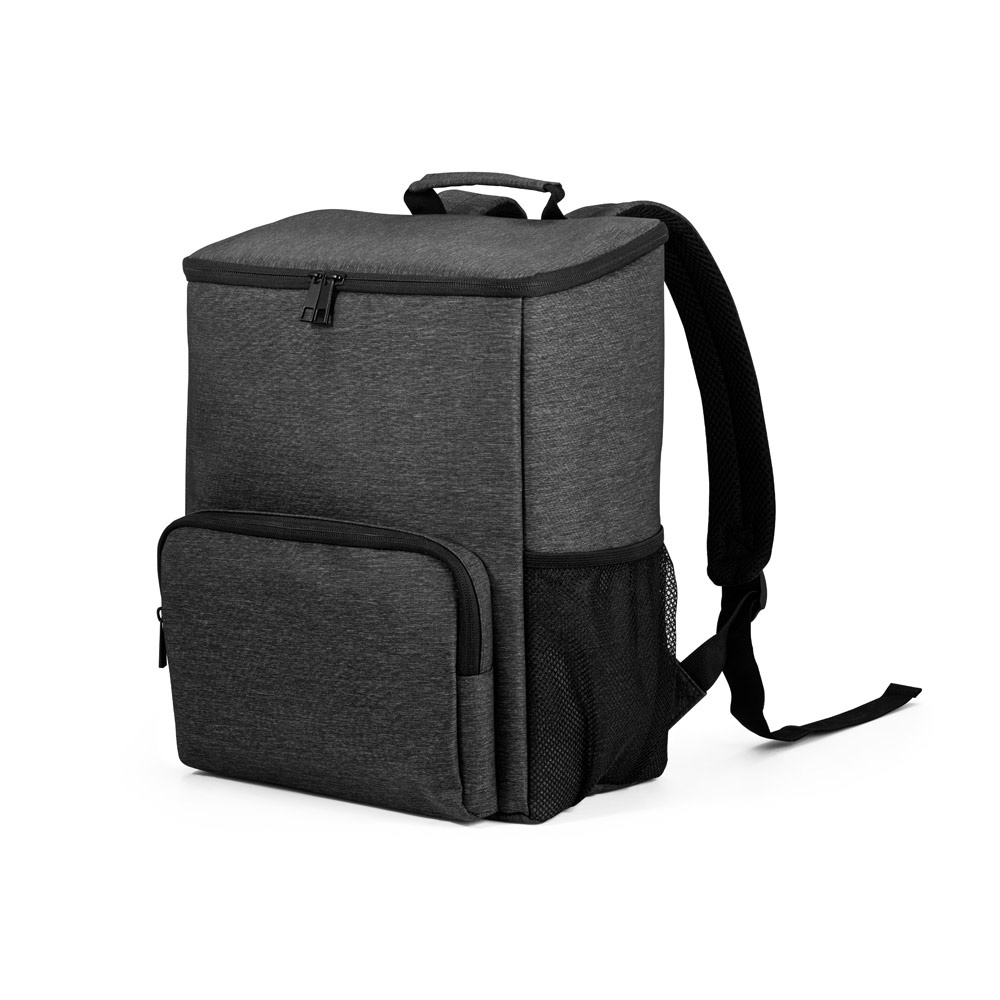 Mochila térmica 14 litros em nylon com interior forrado em PEVA na cor Preto, personalizada com a logo da empresa