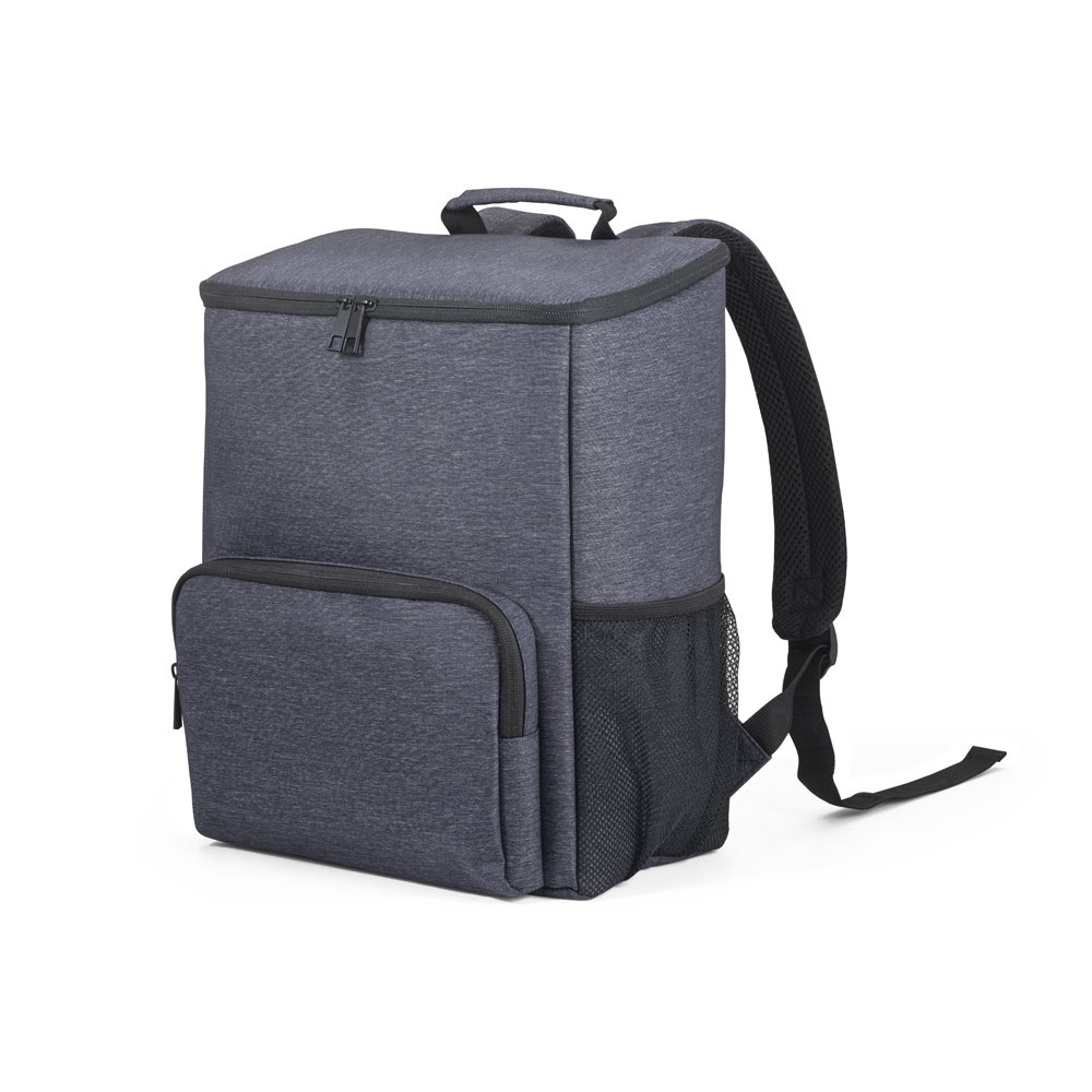 Mochila térmica 14 litros em nylon com interior forrado em PEVA personalizada com a logo da empresa, na cor azul