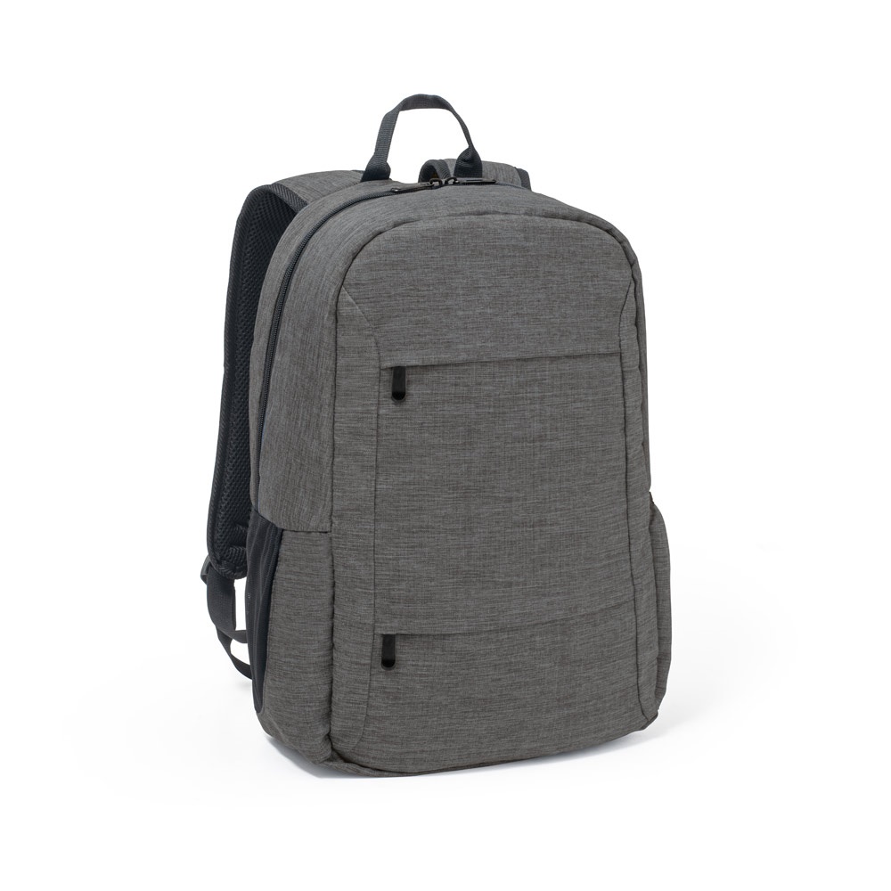 Mochila para notebook 15,6" 18 litros em RPET 300D com bolsos frontais na cor Cinza escuro, personalizada com a logo da empresa