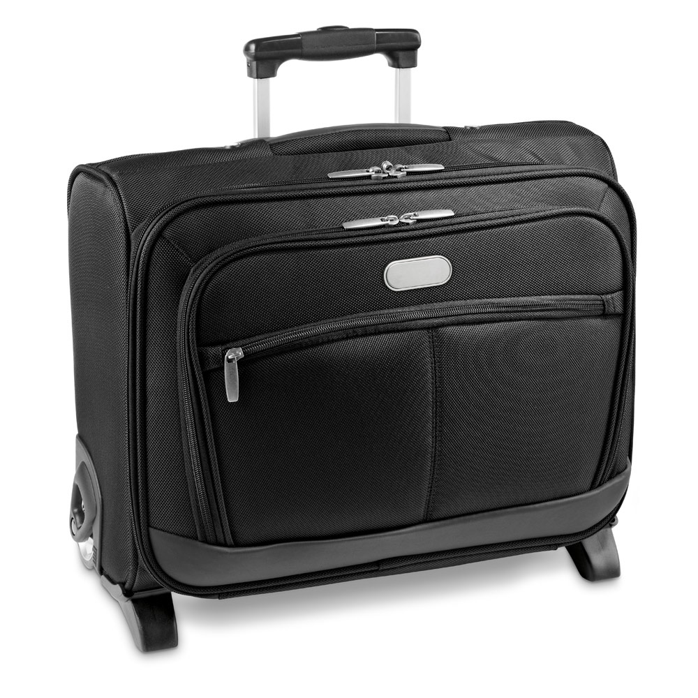 Mala de viagem para notebook 15,6" com caixa rígida e 2 rodas na cor Preto, personalizada com a logo da empresa