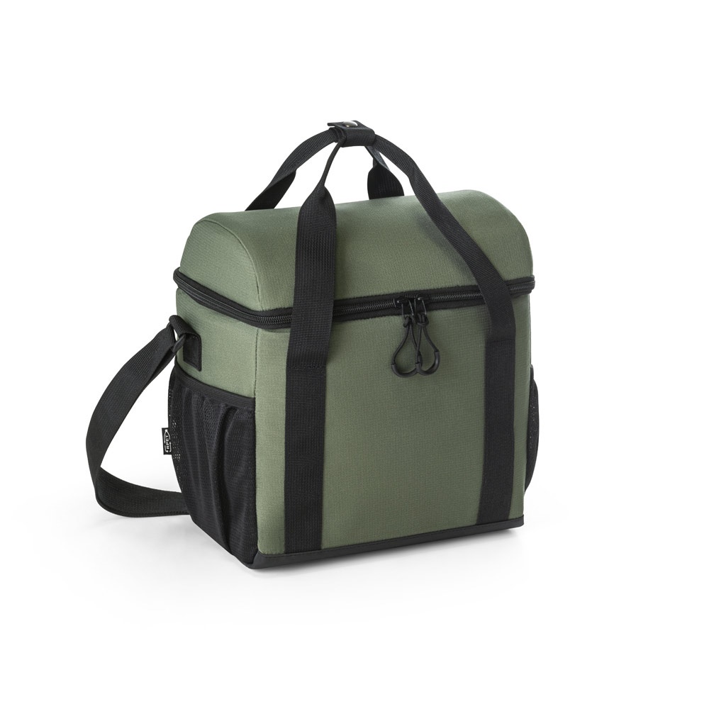 Bolsa térmica almofadada 11 litros em ripstop de poliéster reciclado personalizada com a logo da empresa, na cor verde escuro