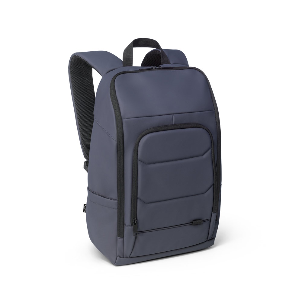 Mochila para notebook 16" 19 litros em RPET 600D resistente à água personalizada com a logo da empresa, na cor azul