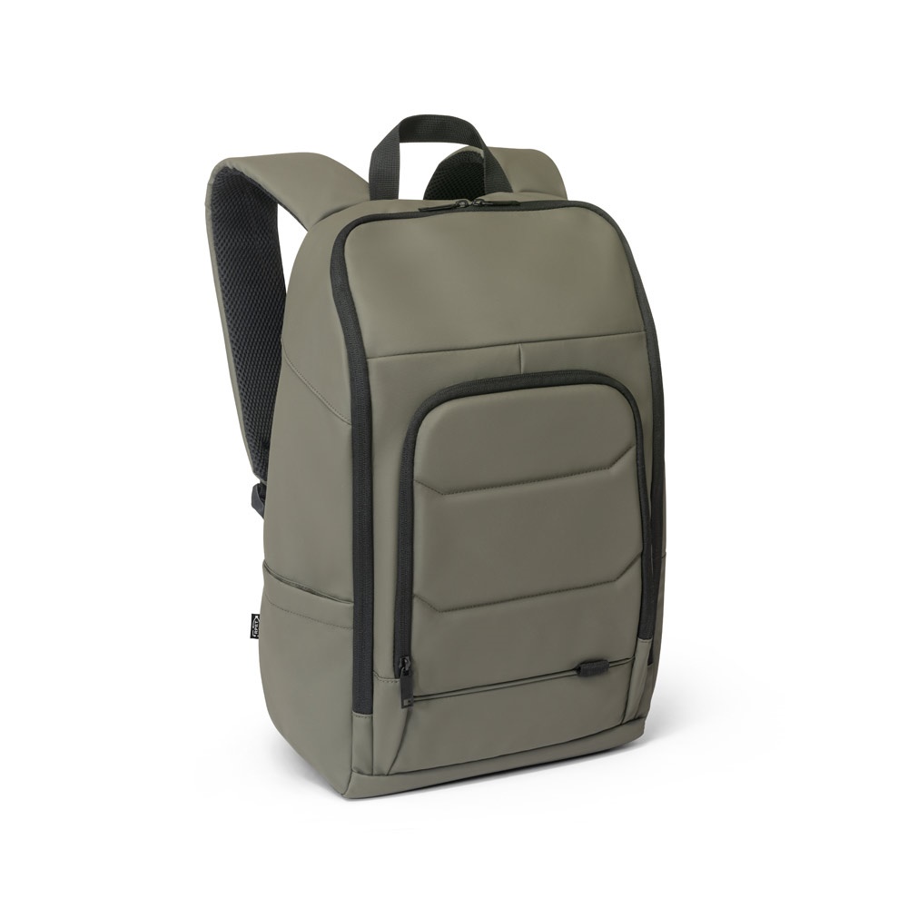 Mochila para notebook 16" 19 litros em RPET 600D resistente à água personalizada com a logo da empresa, na cor verde escuro