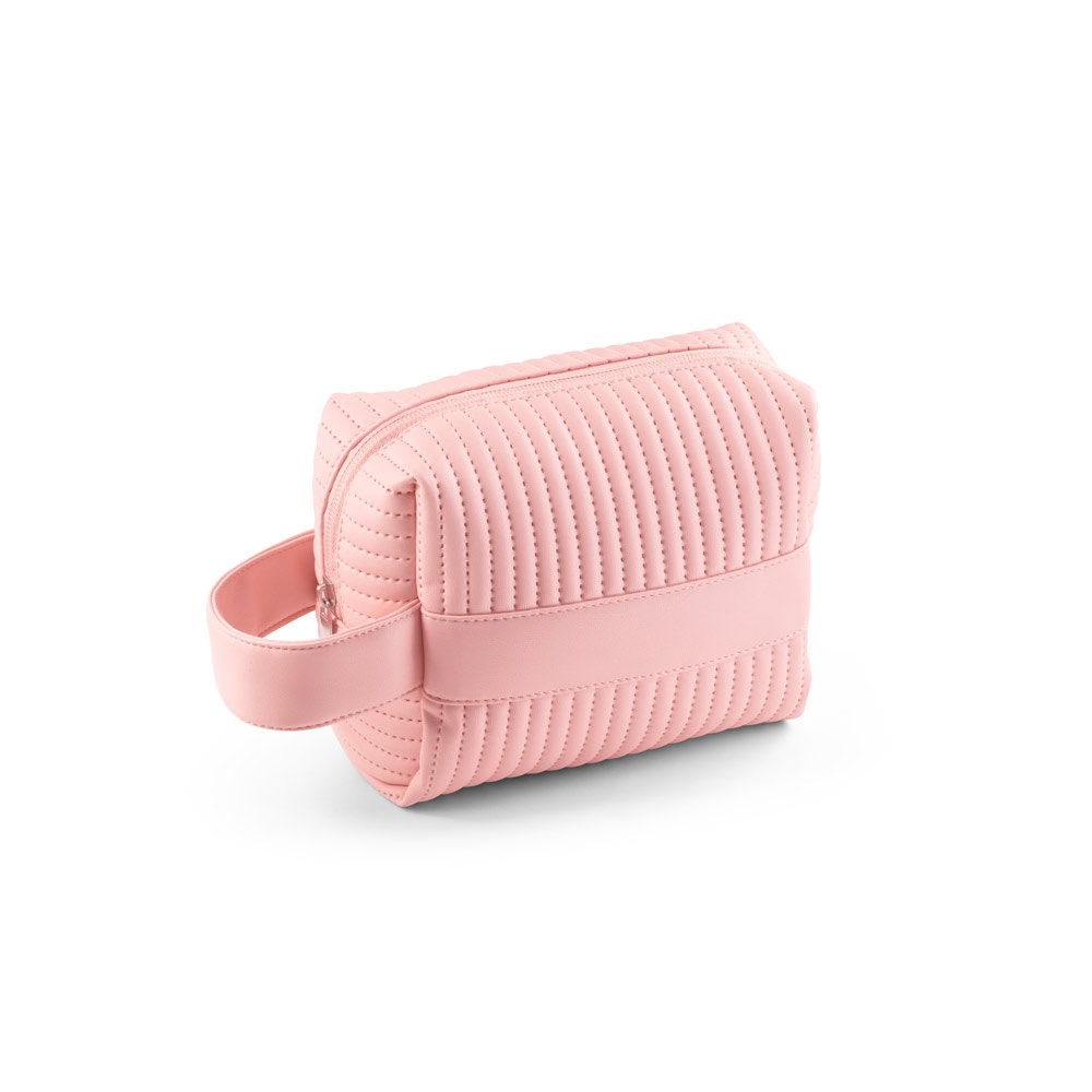 Bolsa de cosméticos em PU parcialmente reciclado com pega lateral personalizada com a logo da empresa, na cor rosa claro