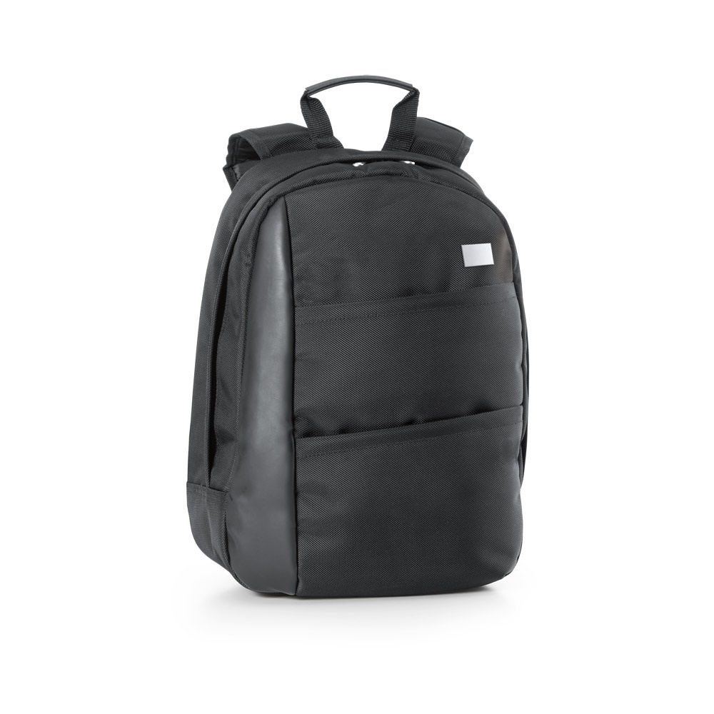 Mochila para notebook 15,6" em 1680D e couro sintético com divisórias na cor Preto, personalizada com a logo da empresa