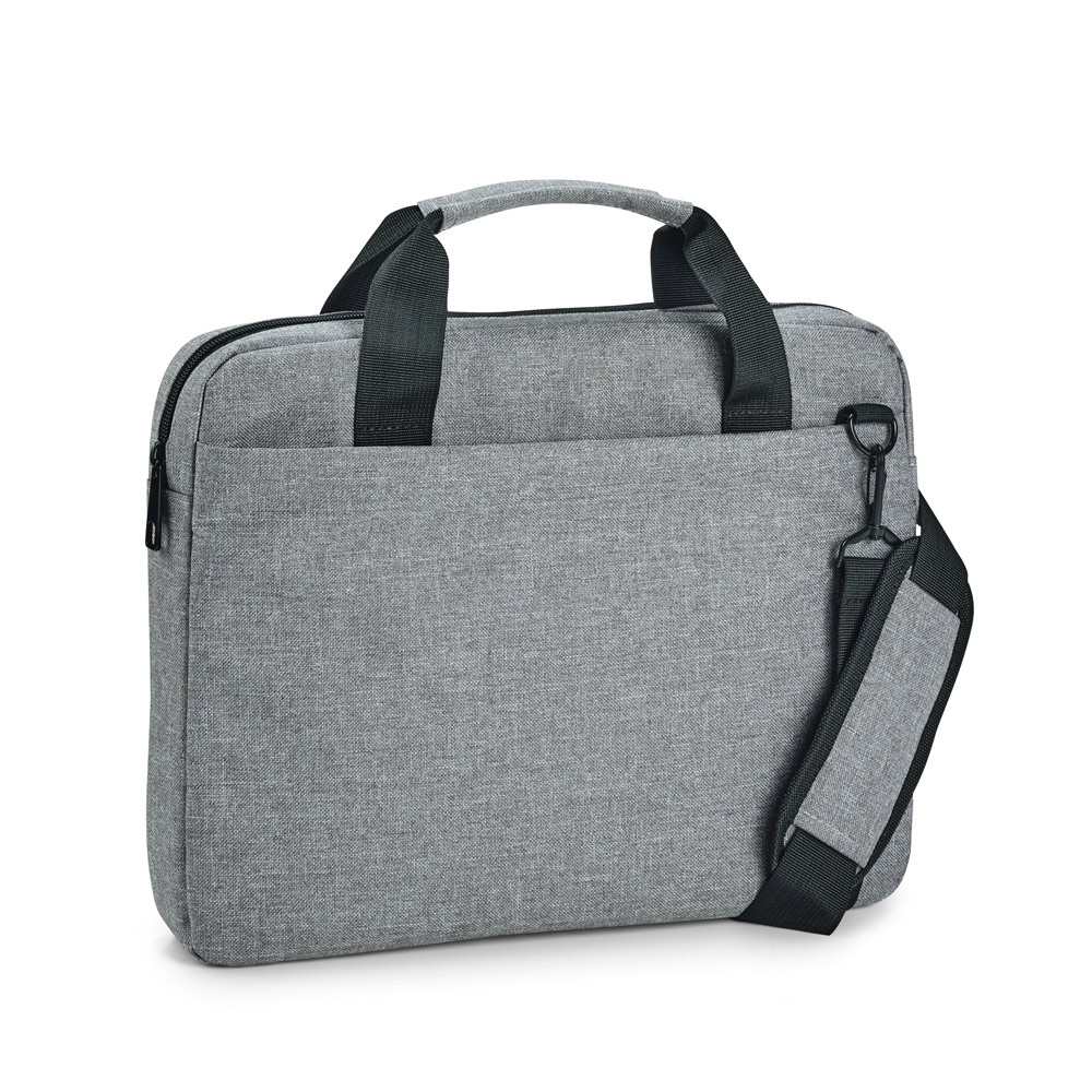 Pasta para notebook 14" em 600D com compartimento almofadado na cor Cinza claro, personalizada com a logo da empresa