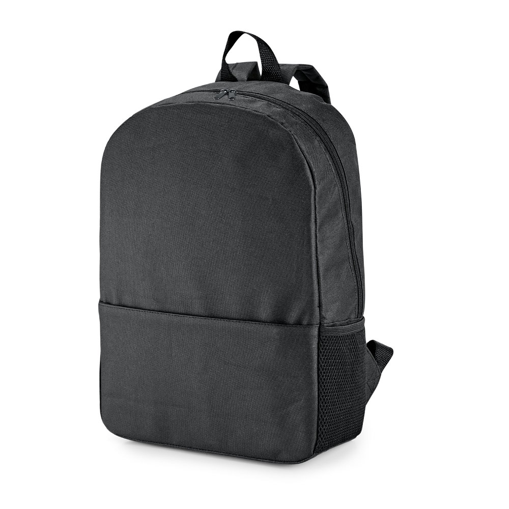 Mochila para notebook 15,6" 16 litros em 600D com bolso lateral na cor Preto, personalizada com a logo da empresa