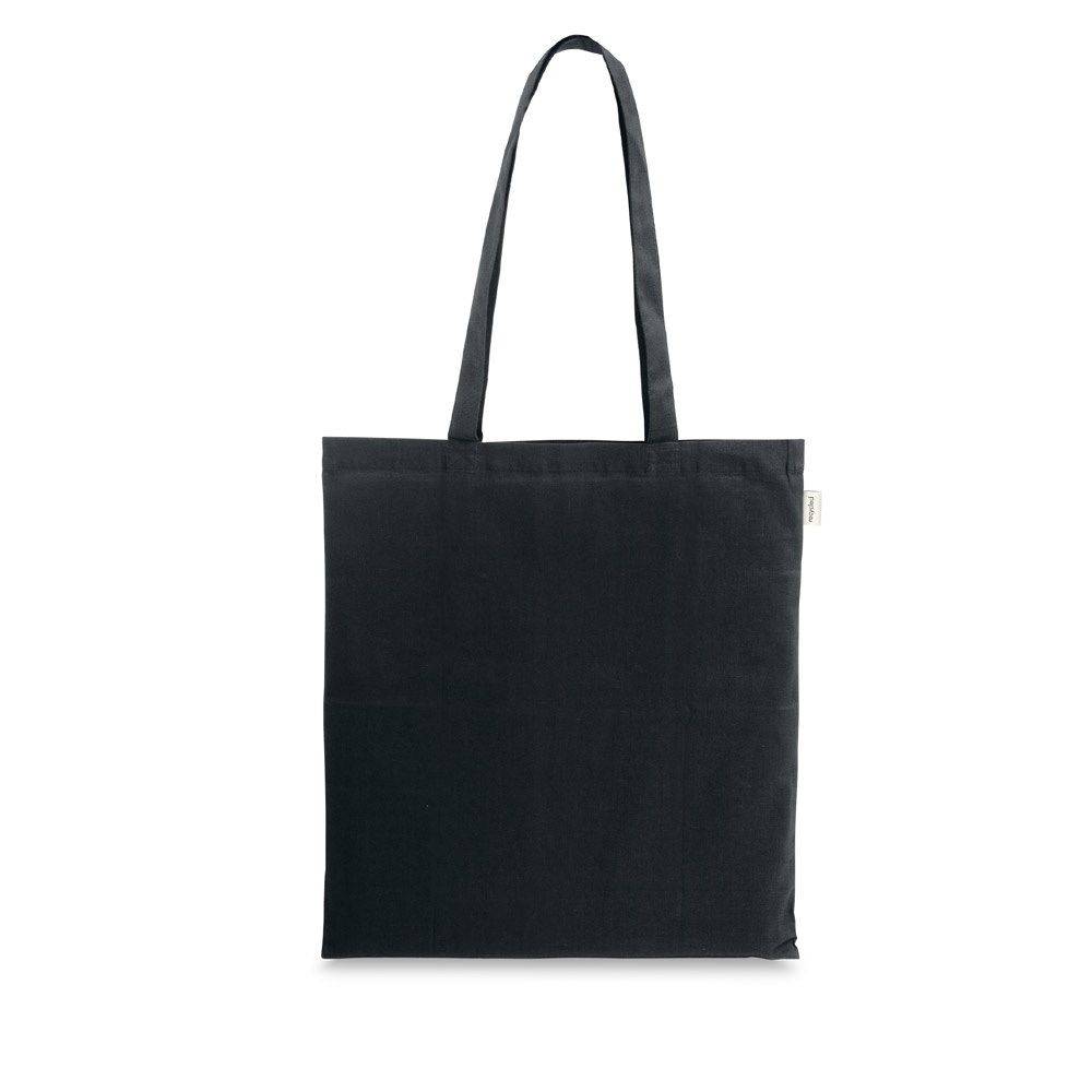 Sacola em algodão reciclado 150 g/m² sem tingimento na cor Preto, personalizada com a logo da empresa