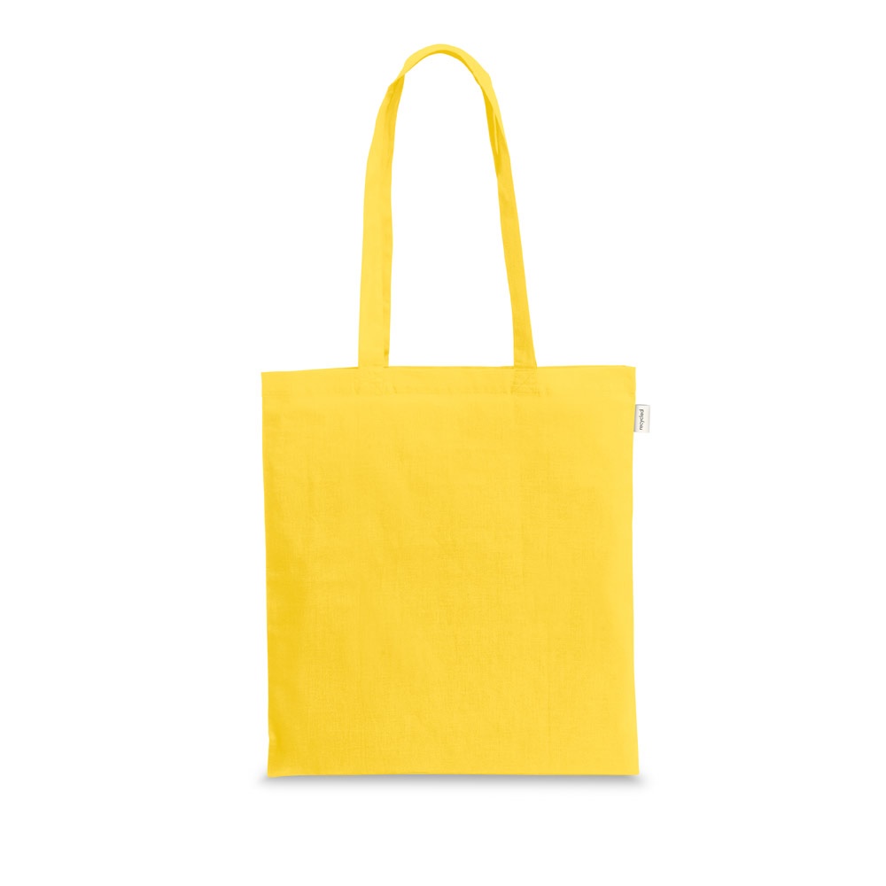 Sacola em algodão reciclado 150 g/m² sem tingimento personalizada com a logo da empresa, na cor amarelo
