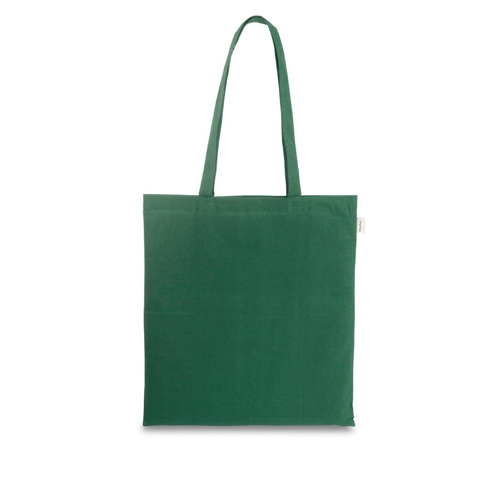 Sacola em algodão reciclado 150 g/m² sem tingimento personalizada com a logo da empresa, na cor verde escuro