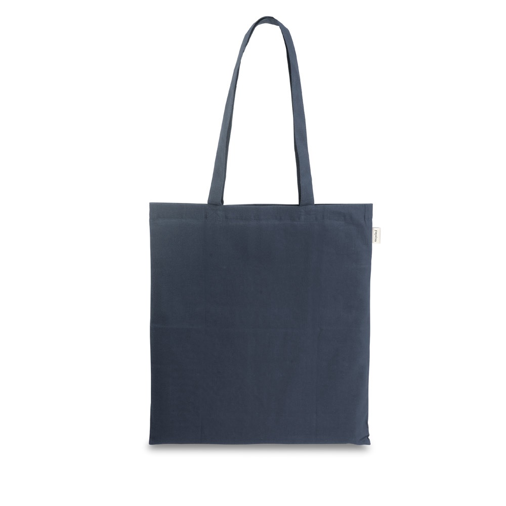 Sacola em algodão reciclado 150 g/m² sem tingimento personalizada com a logo da empresa, na cor azul marinho
