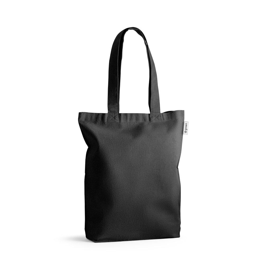 Sacola de algodão com fibras recicladas 220 g/m² colorida na cor Preto, personalizada com a logo da empresa