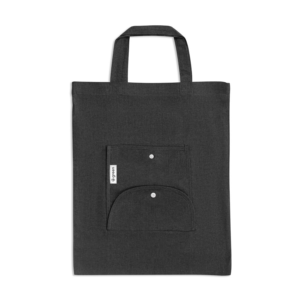 Sacola dobrável de algodão com fibras recicladas 140 g/m² colorida na cor Preto, personalizada com a logo da empresa